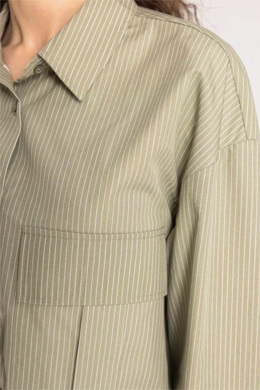 Kadın Açık Haki Regular Fit Çizgili Poplin Uzun Kollu Gömlek