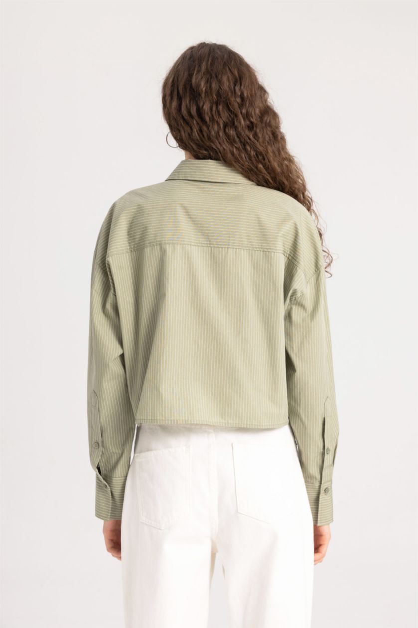 Kadın Açık Haki Regular Fit Çizgili Poplin Uzun Kollu Gömlek