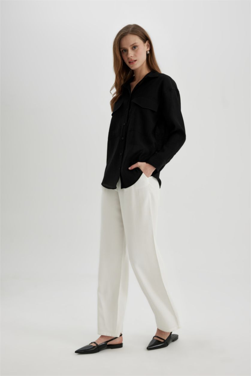 Kadın Siyah Oversize Geniş Kalıp Cep Detaylı Krinkıl Kumaş Uzun Kollu Gömlek