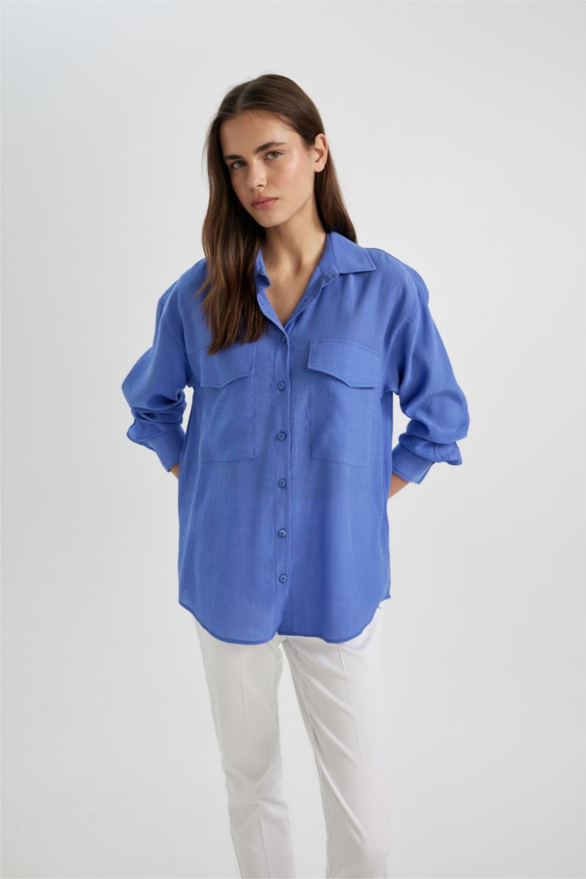 Kadın Menekşe Oversize Fit Cep Detaylı Krinkıl Kumaş Uzun Kollu Gömlek