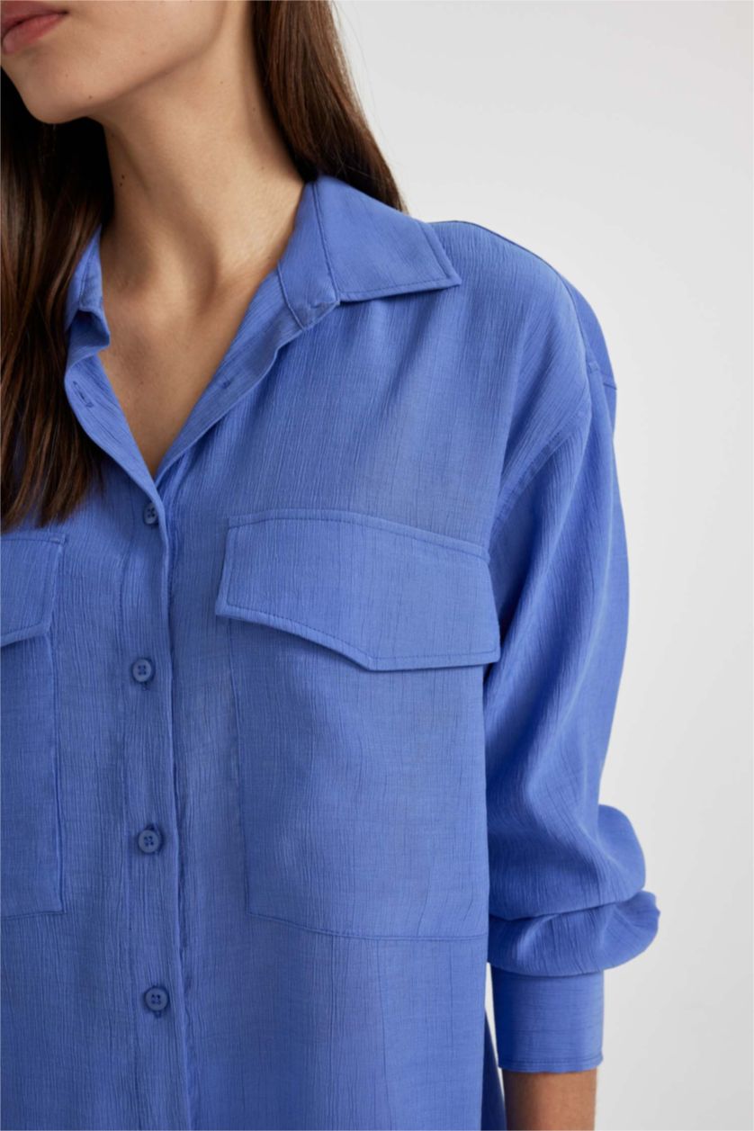 Kadın Menekşe Oversize Fit Cep Detaylı Krinkıl Kumaş Uzun Kollu Gömlek