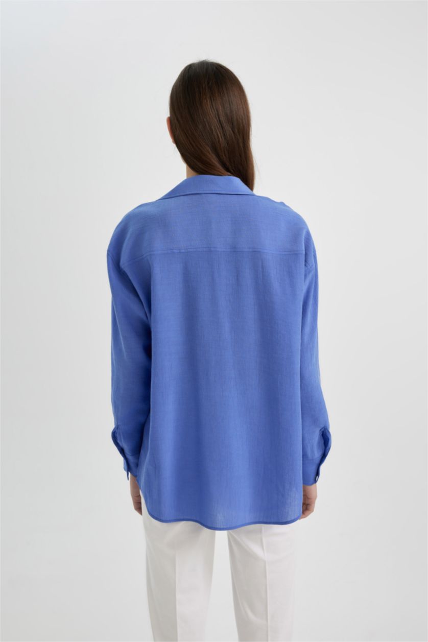 Kadın Menekşe Oversize Fit Cep Detaylı Krinkıl Kumaş Uzun Kollu Gömlek