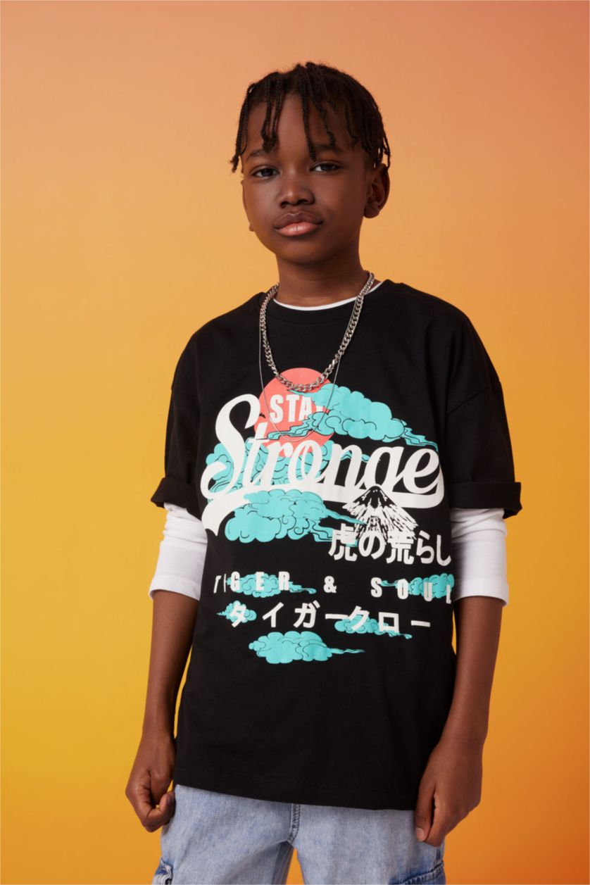 Boys & Teens Black Boy Oversize Fit Crew Neck Printed Short Sleeve T-Shirt