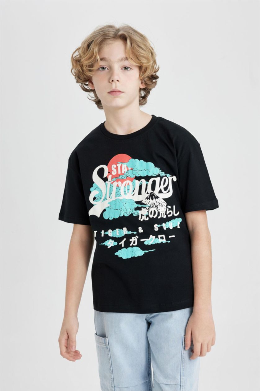 Boys & Teens Black Boy Oversize Fit Crew Neck Printed Short Sleeve T-Shirt