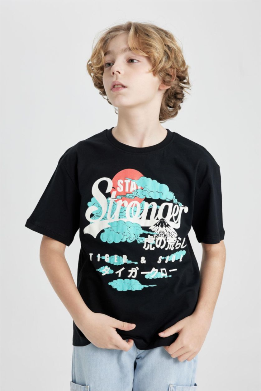 Boys & Teens Black Boy Oversize Fit Crew Neck Printed Short Sleeve T-Shirt