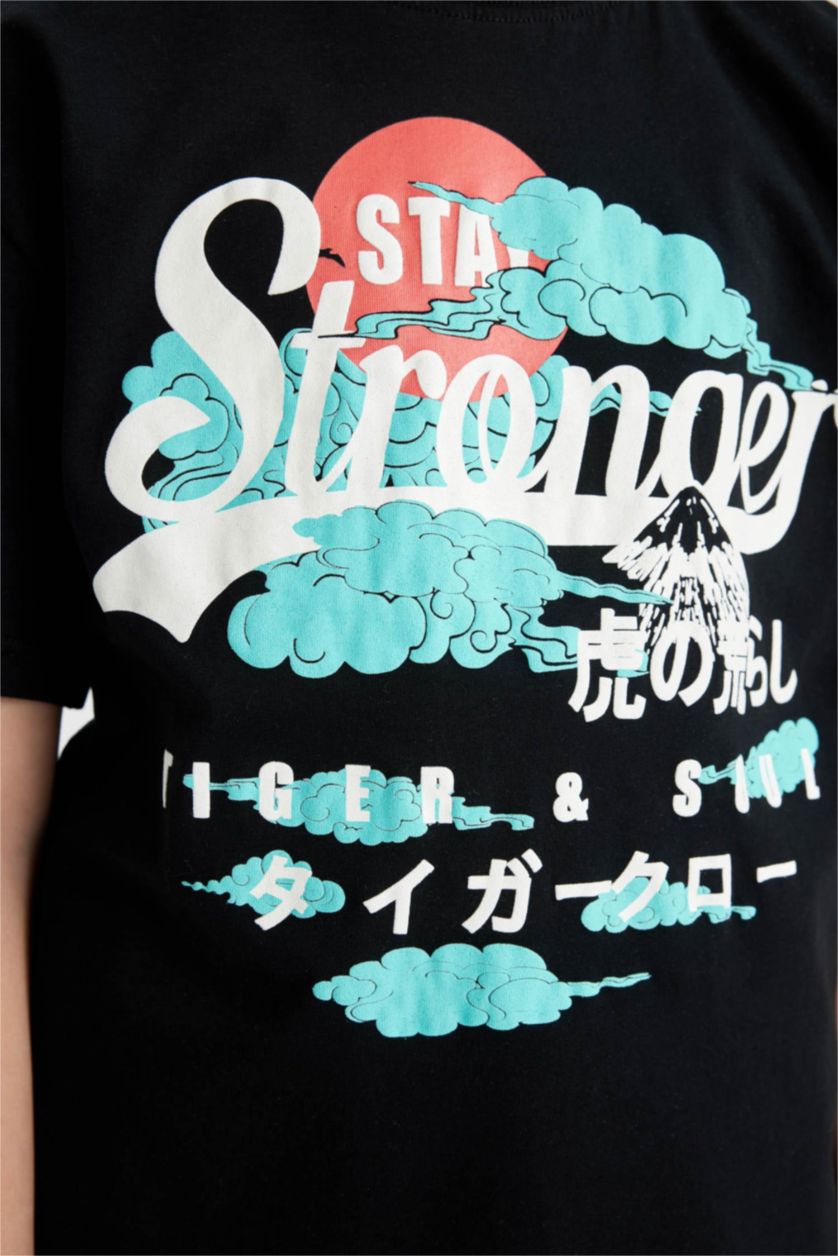 Boys & Teens Black Boy Oversize Fit Crew Neck Printed Short Sleeve T-Shirt