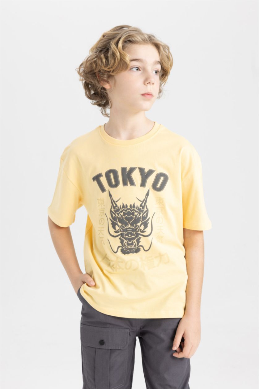 Boys & Teens Light Yellow Boy Oversize Fit Crew Neck Printed Short Sleeve T-Shirt