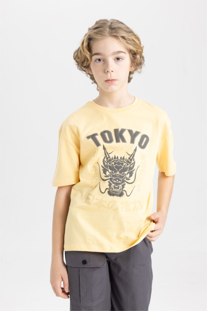 Boys & Teens Light Yellow Boy Oversize Fit Crew Neck Printed Short Sleeve T-Shirt