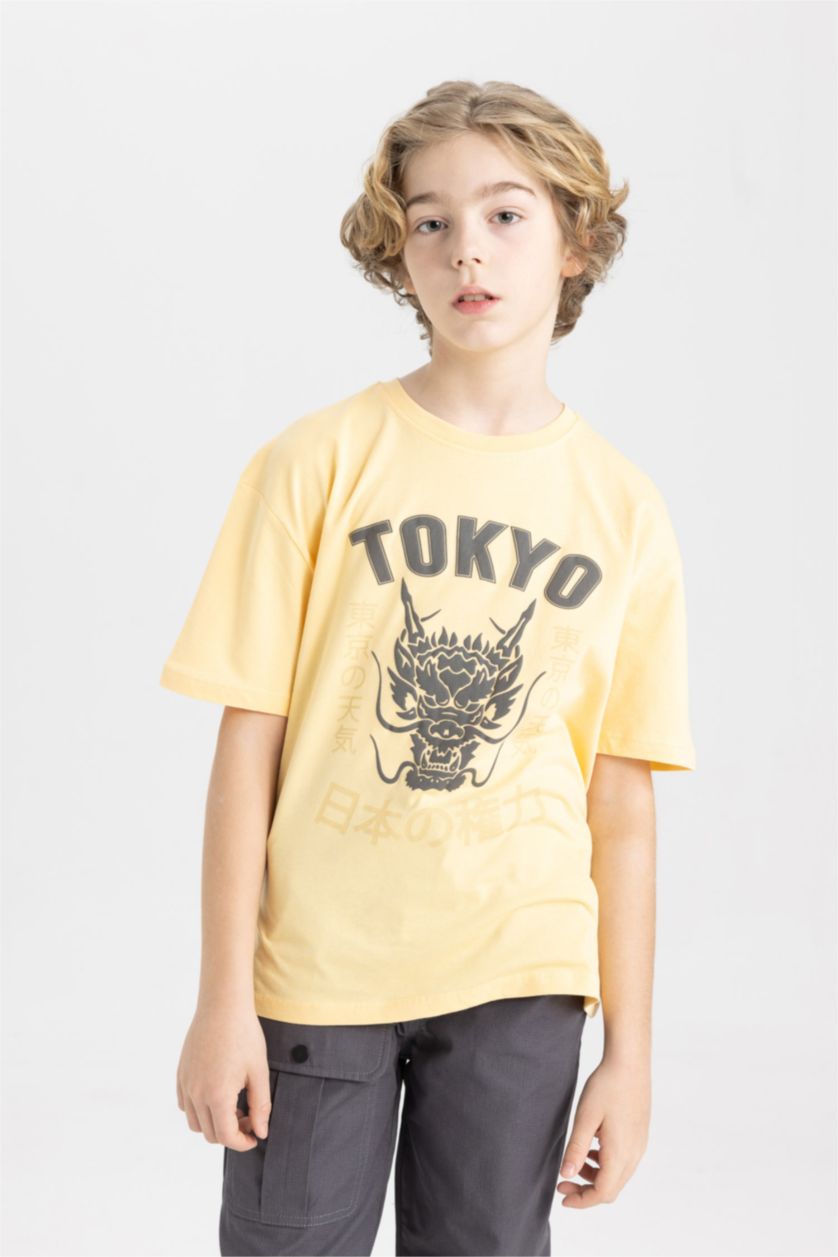 Boys & Teens Light Yellow Boy Oversize Fit Crew Neck Printed Short Sleeve T-Shirt