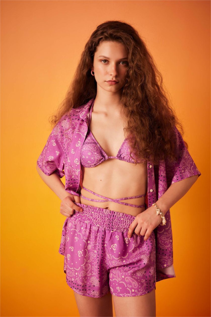 Kadın Mor Regular Fit Şal Desenli Bikini Üstü