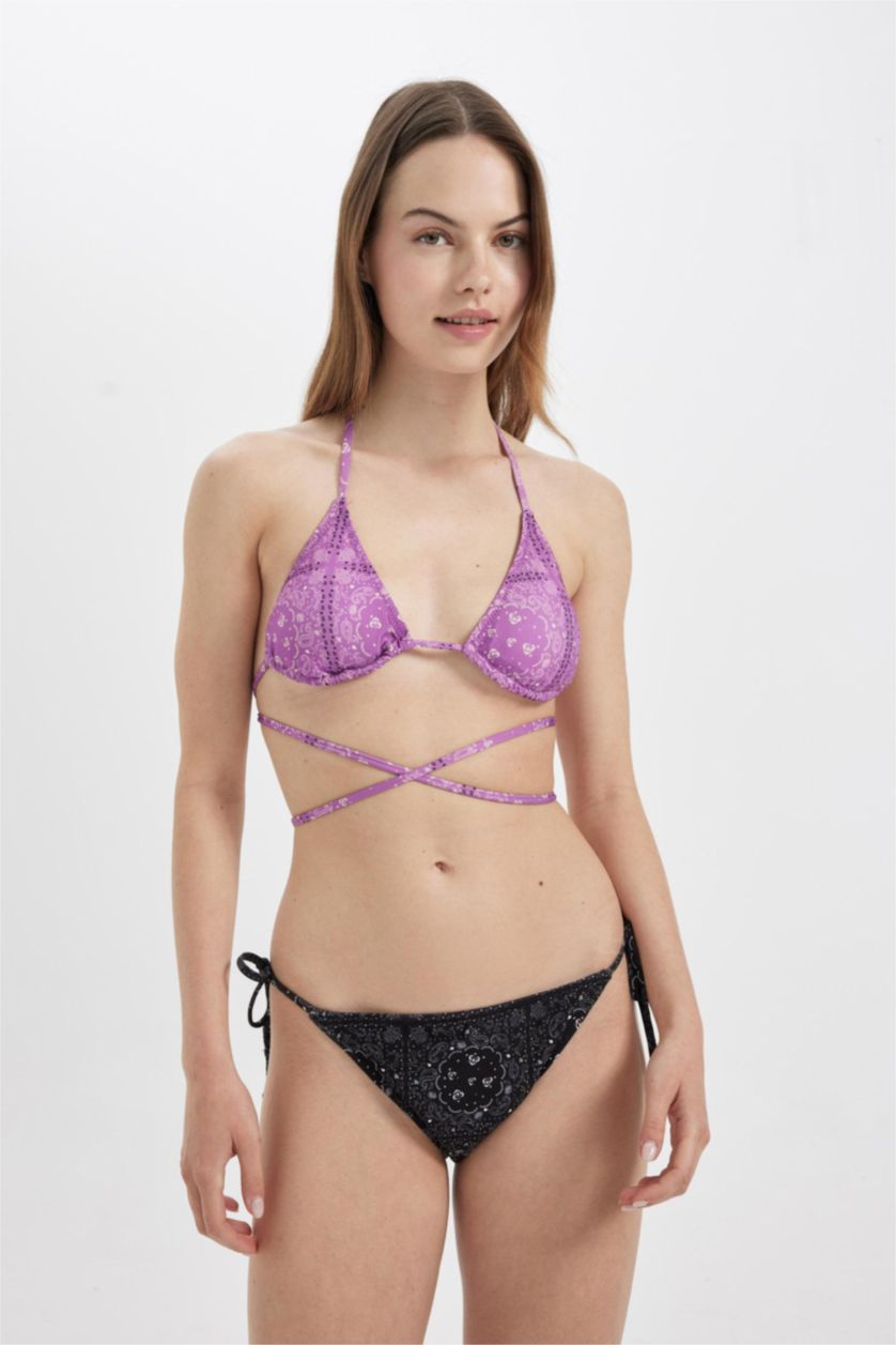 Kadın Mor Regular Fit Şal Desenli Bikini Üstü