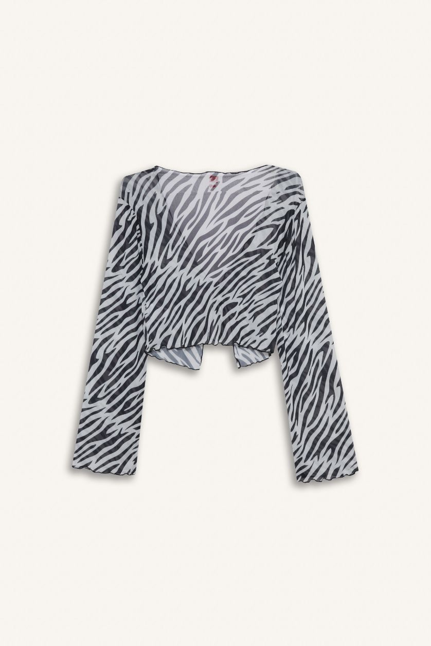 Kadın Siyah Zebra Desenli Tül Plaj Bolerosu