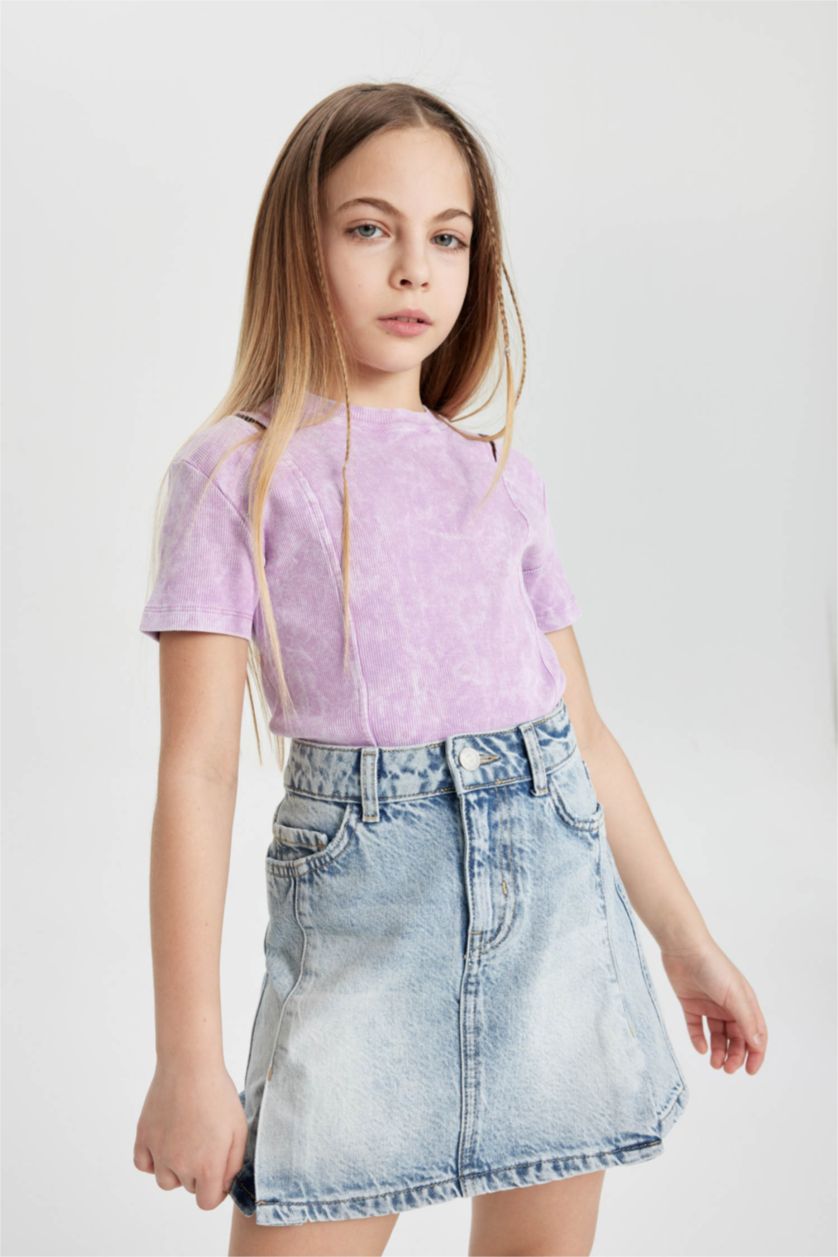 Kız Çocuk - Genç Kız Lila Slim Fit Dar Kesim Bisiklet Yaka Fitilli Kaşkorse Kısa Kollu Tişört Kız Çocuk