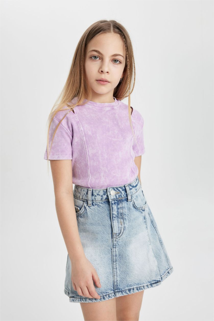 Kız Çocuk - Genç Kız Lila Slim Fit Dar Kesim Bisiklet Yaka Fitilli Kaşkorse Kısa Kollu Tişört Kız Çocuk