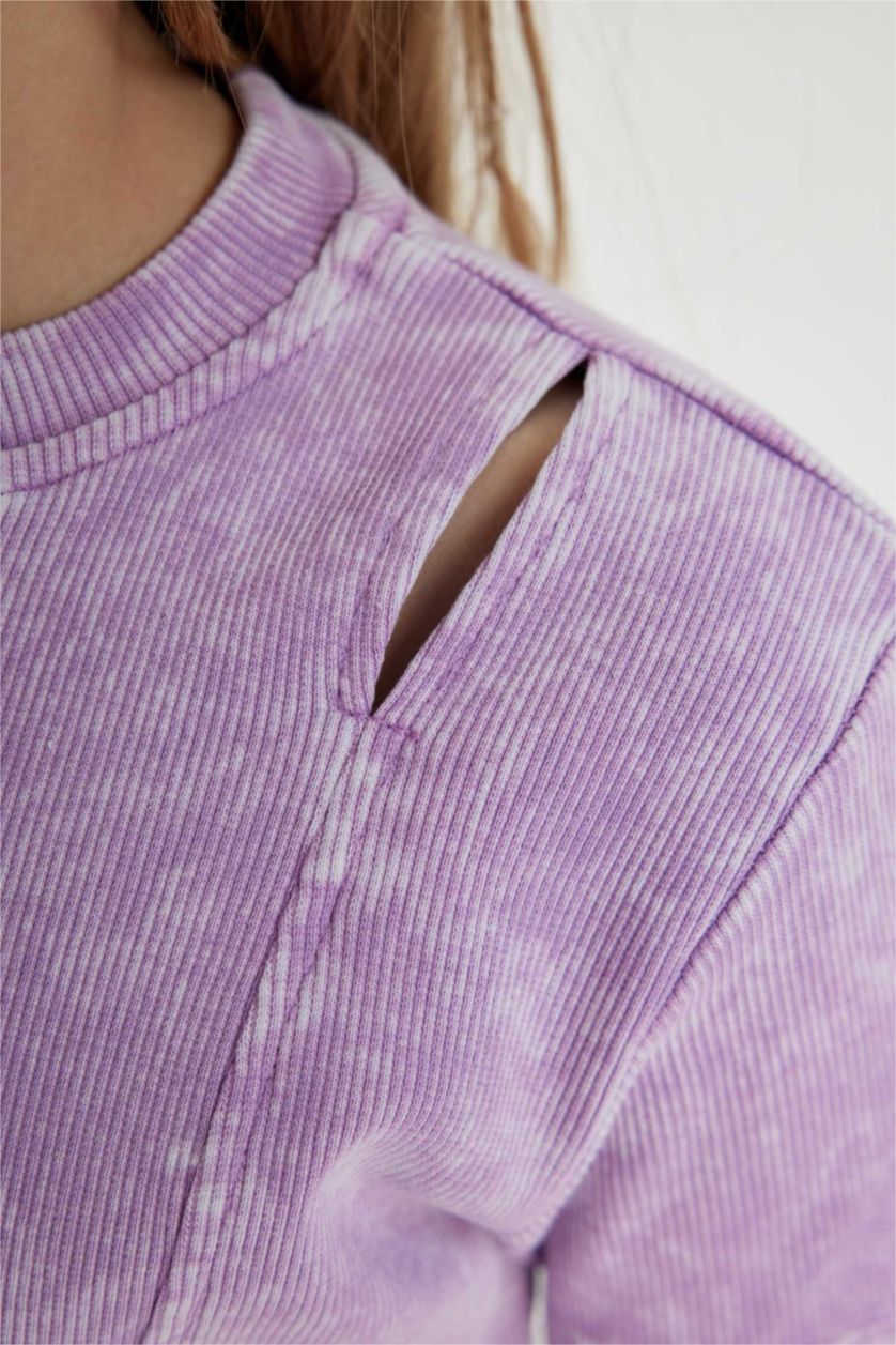 Kız Çocuk - Genç Kız Lila Slim Fit Dar Kesim Bisiklet Yaka Fitilli Kaşkorse Kısa Kollu Tişört Kız Çocuk