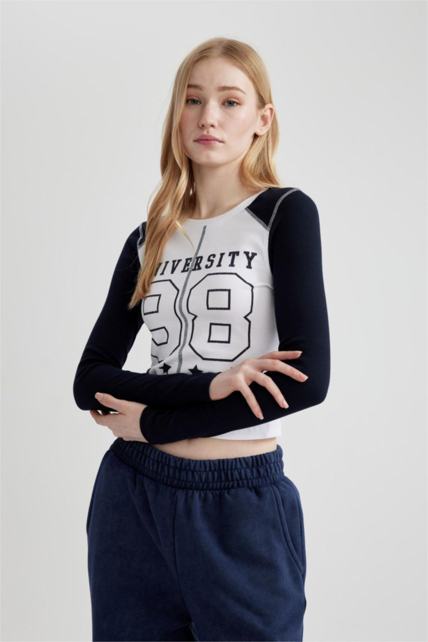 نساء كحلي تيشيرت ردن طويل سليم فيت مضلع