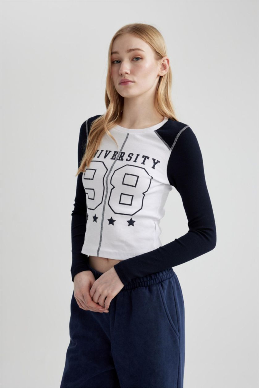 نساء كحلي تيشيرت ردن طويل سليم فيت مضلع