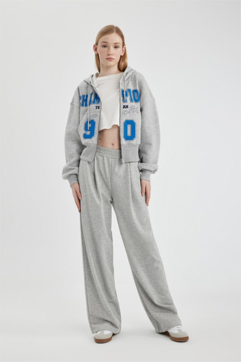 Woman Grey Melange Oversize Fit Hooded Printed Thick Sweatshirt Fabric Cardigan