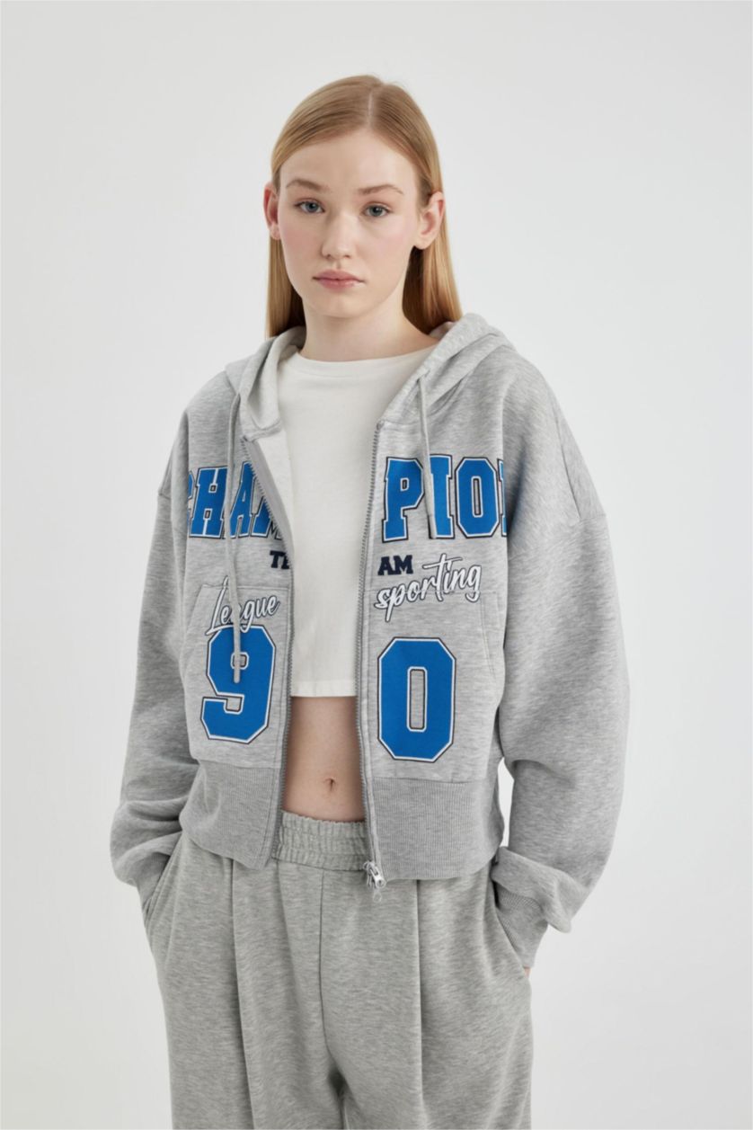 Woman Grey Melange Oversize Fit Hooded Printed Thick Sweatshirt Fabric Cardigan