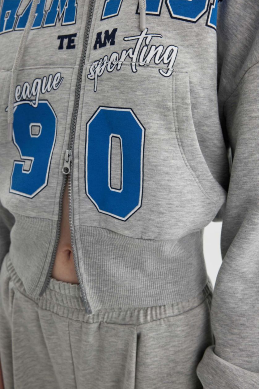 Woman Grey Melange Oversize Fit Hooded Printed Thick Sweatshirt Fabric Cardigan