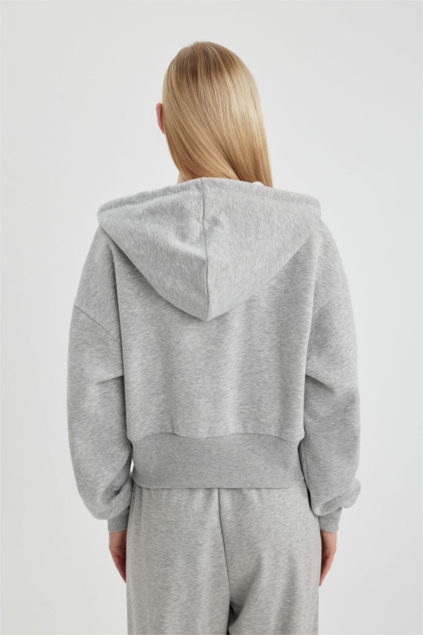 Woman Grey Melange Oversize Fit Hooded Printed Thick Sweatshirt Fabric Cardigan