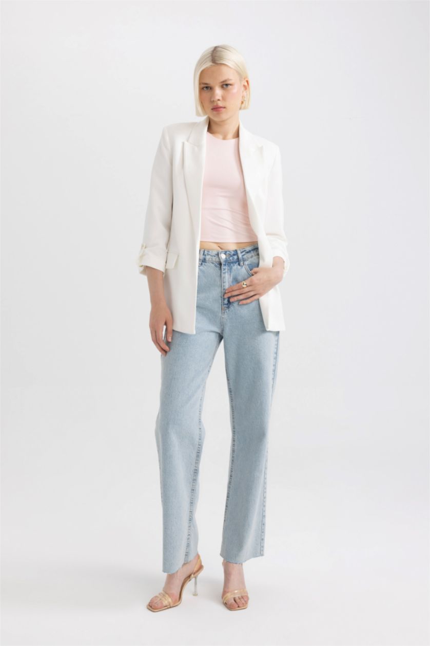 Kadın Kırık Beyaz Regular Fit Ceket Yaka Basic Düz Blazer Ceket