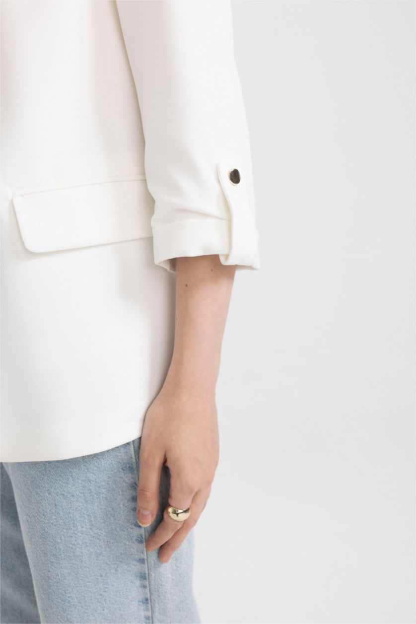 Kadın Kırık Beyaz Regular Fit Ceket Yaka Basic Düz Blazer Ceket