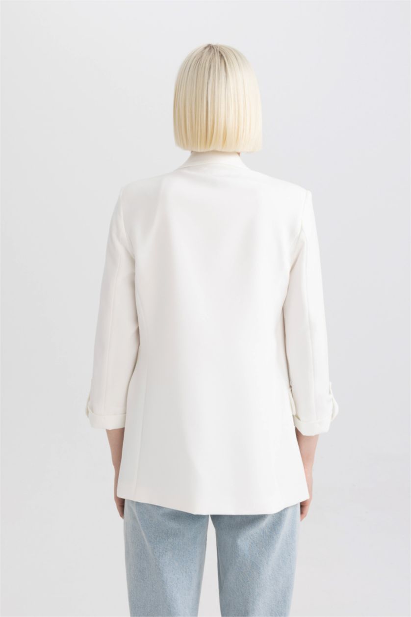 Kadın Kırık Beyaz Regular Fit Ceket Yaka Basic Düz Blazer Ceket