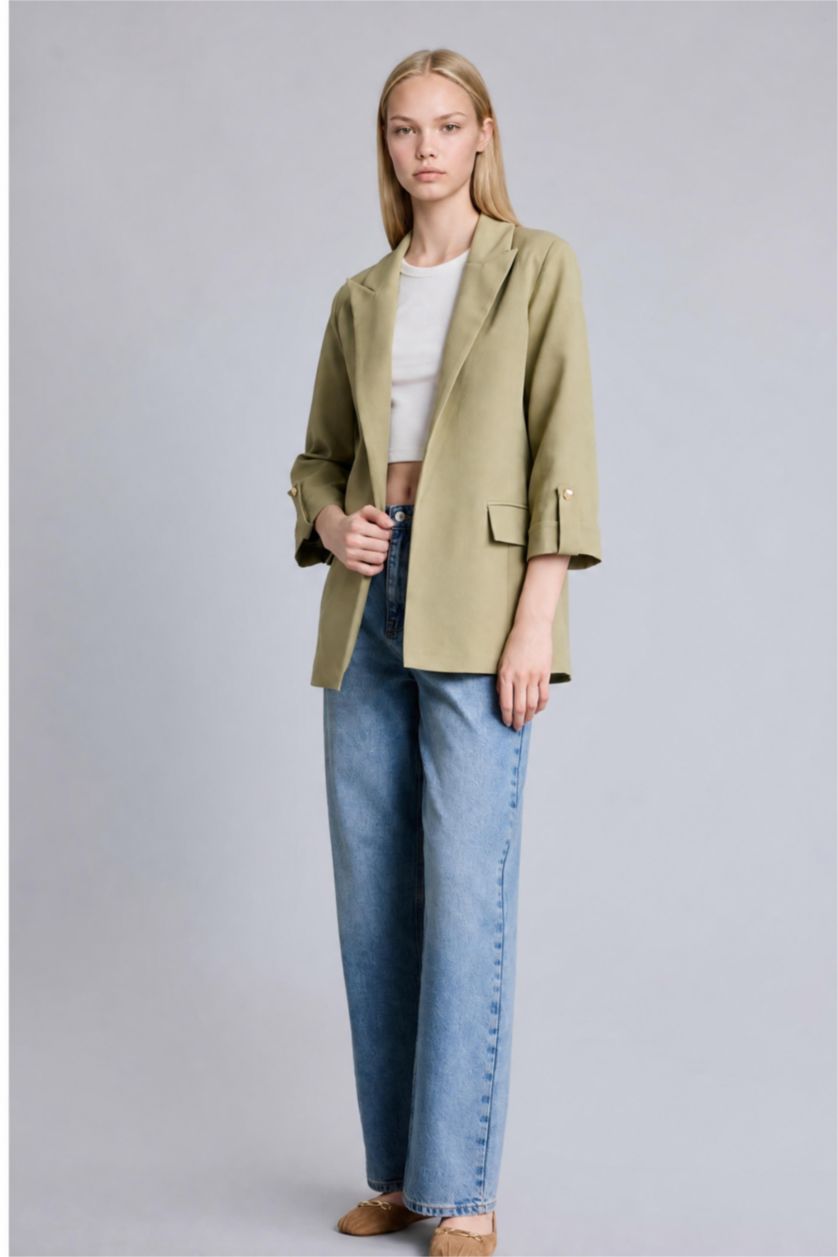 Kadın Haki Oversize Ceket Yaka Basic Blazer
