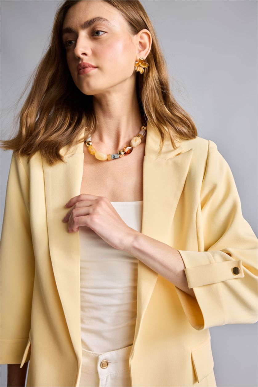 Kadın Açık Sarı Oversize Ceket Yaka Basic Blazer