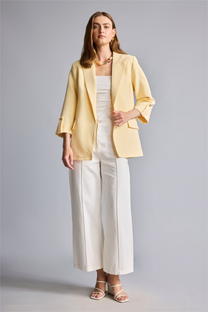 Kadın Açık Sarı Oversize Ceket Yaka Basic Blazer