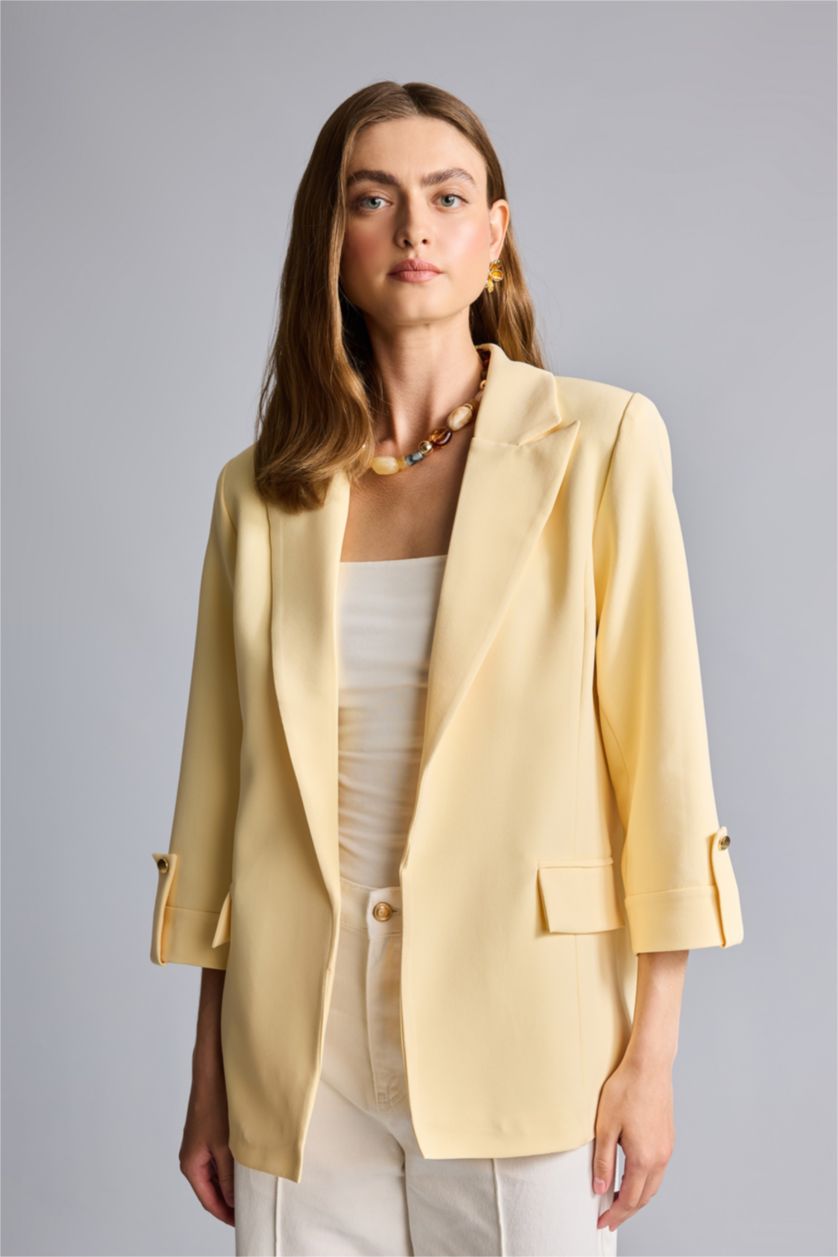 Kadın Açık Sarı Oversize Ceket Yaka Basic Blazer