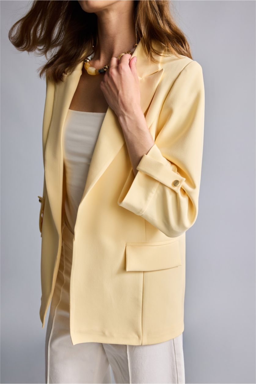 Kadın Açık Sarı Oversize Ceket Yaka Basic Blazer
