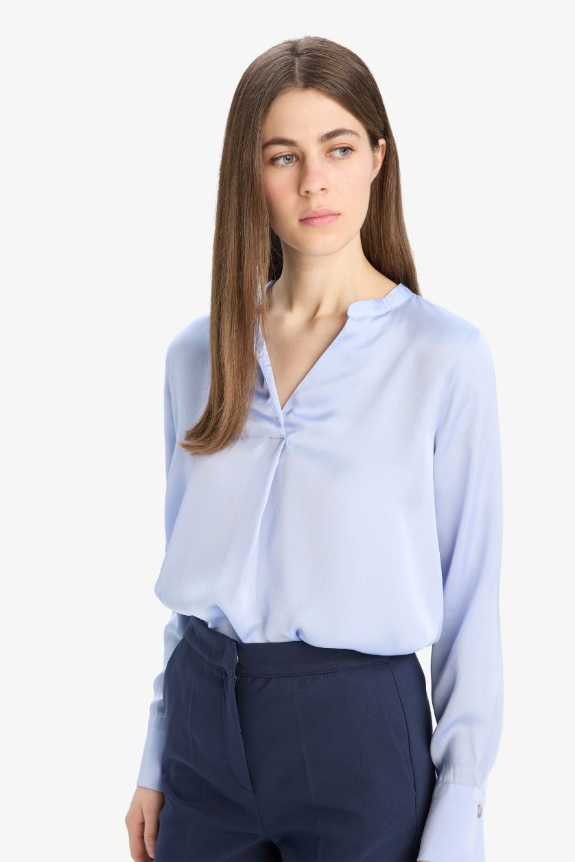 Woman Light Blue Regular Fit V-Neck Long Sleeve Blouse