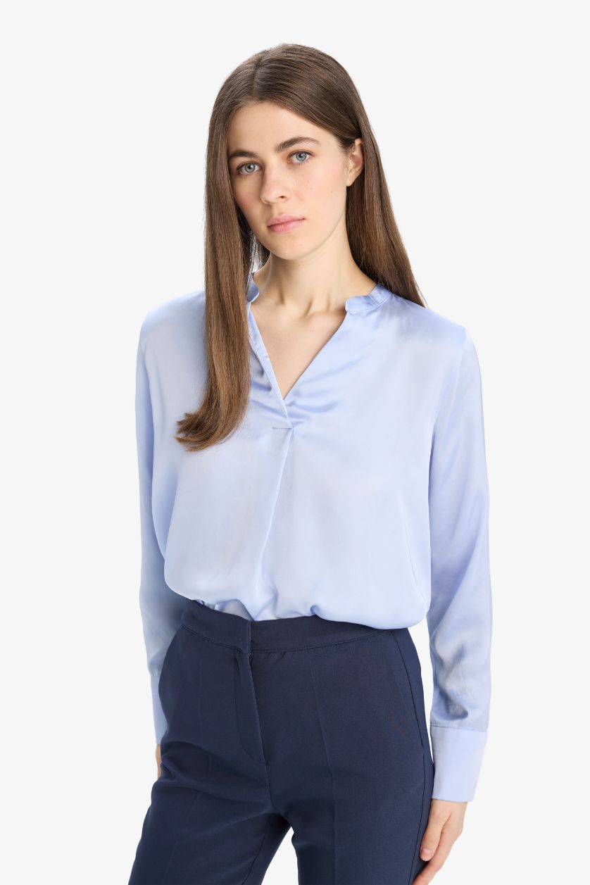 Woman Light Blue Regular Fit V-Neck Long Sleeve Blouse