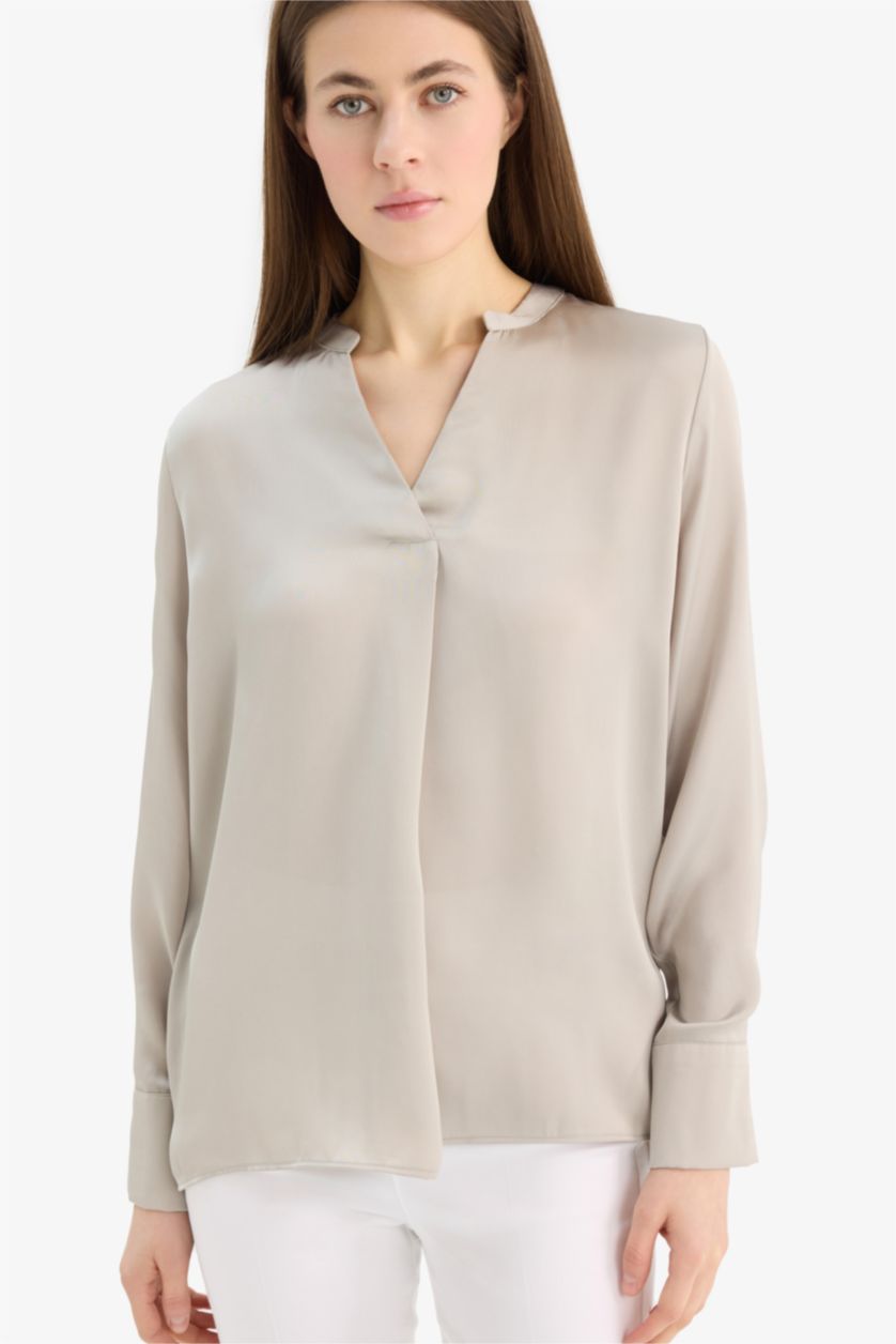 Woman Beige Regular Fit Open Neck Satin Blouse