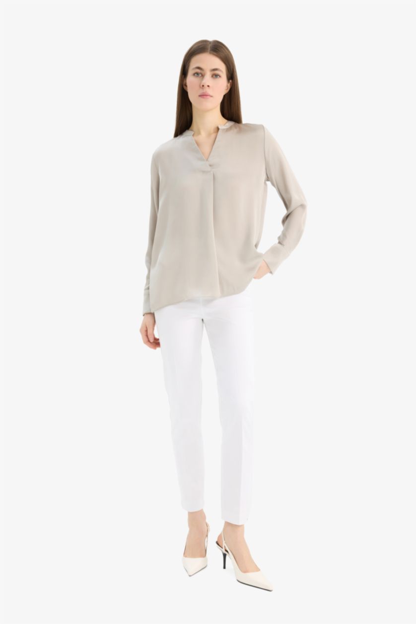 Woman Beige Regular Fit Open Neck Satin Blouse