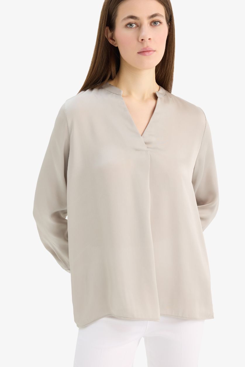Woman Beige Regular Fit Open Neck Satin Blouse