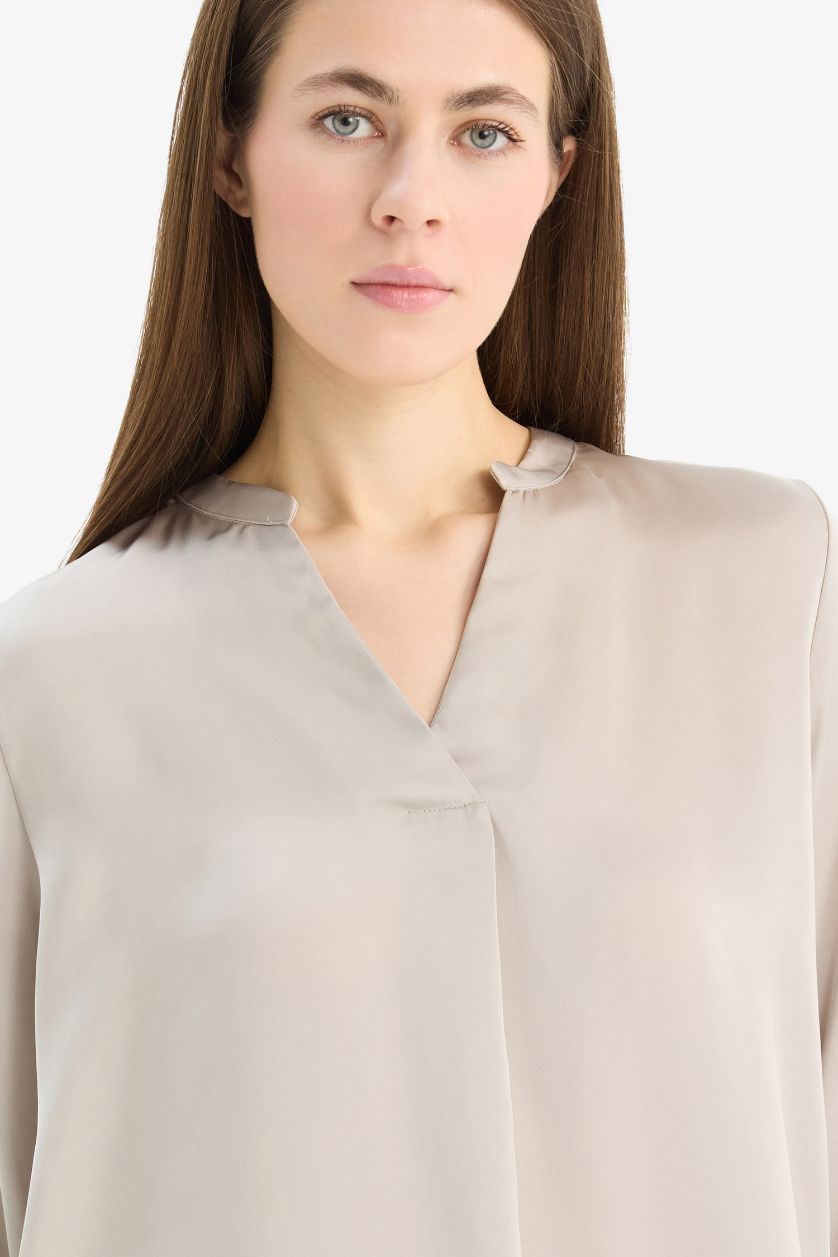 Woman Beige Regular Fit Open Neck Satin Blouse