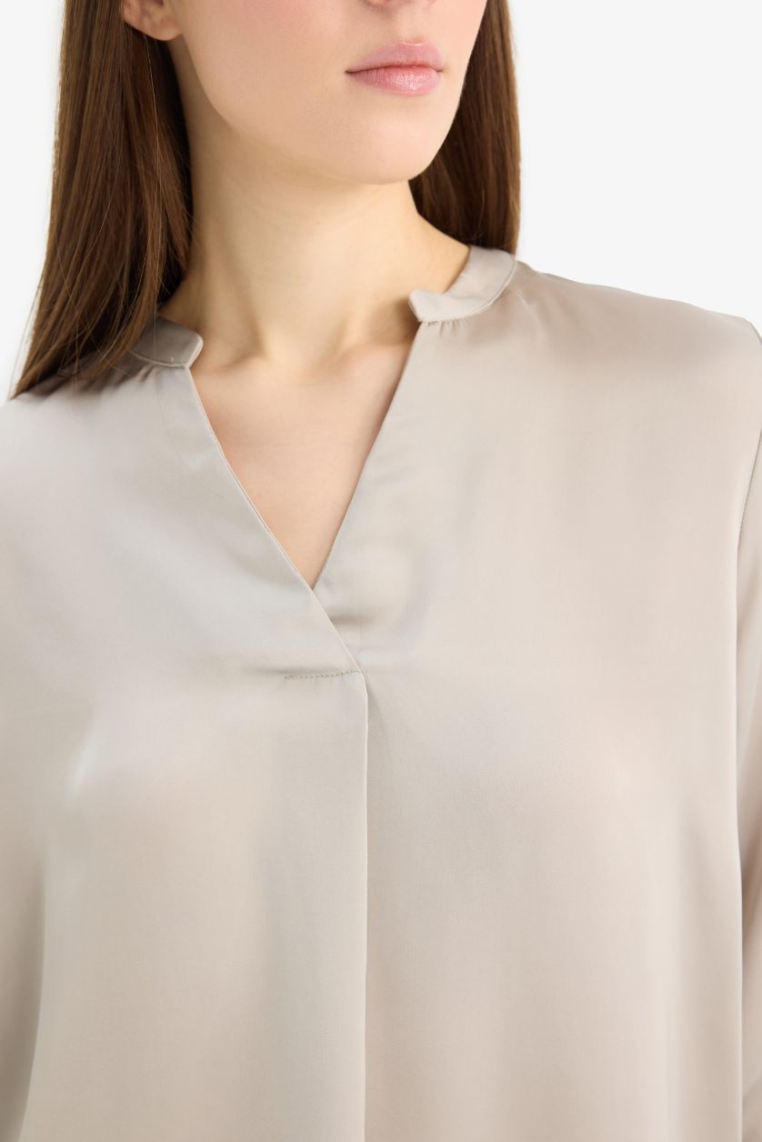 Woman Beige Regular Fit Open Neck Satin Blouse
