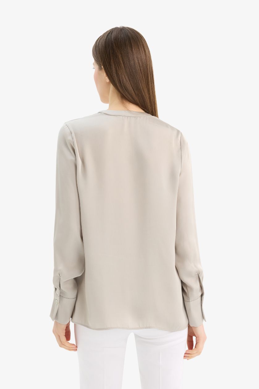 Woman Beige Regular Fit Open Neck Satin Blouse
