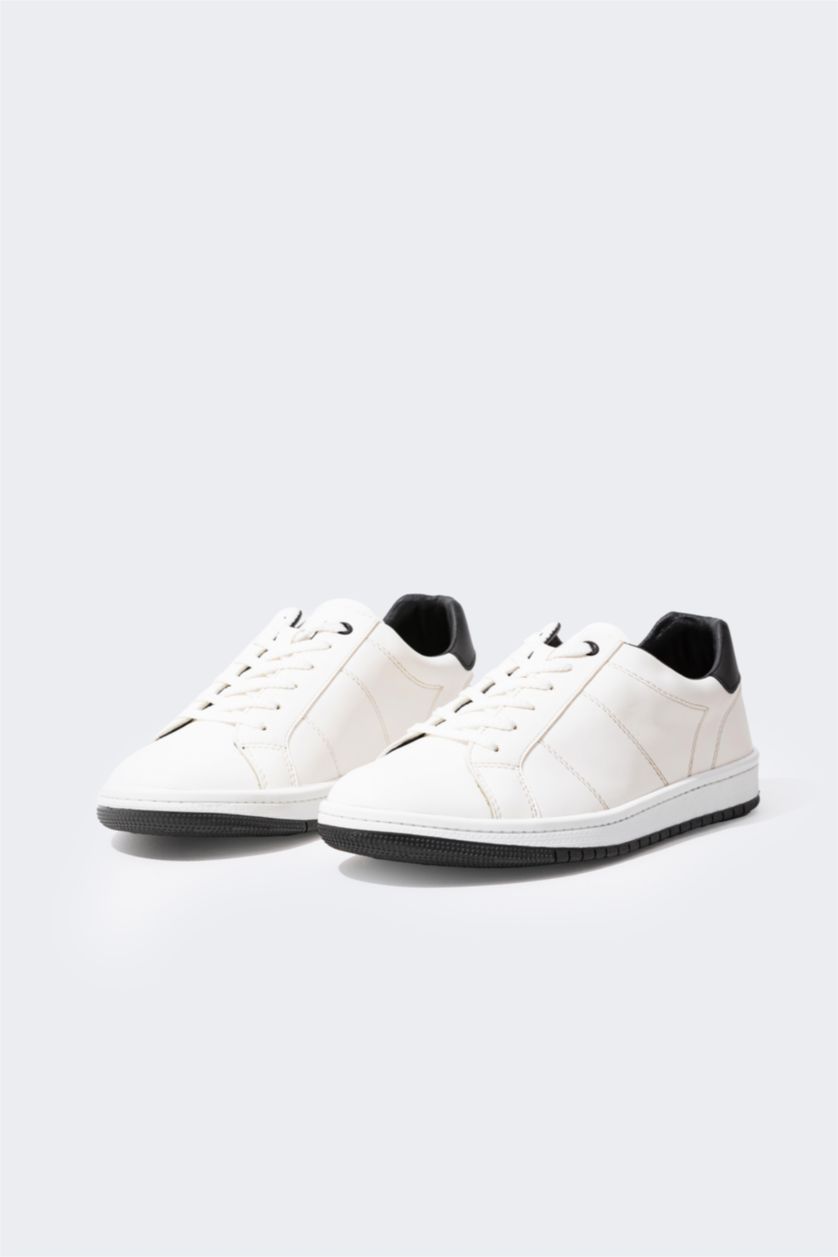 MAN White Man Faux Leather Flat Sole Sneakers