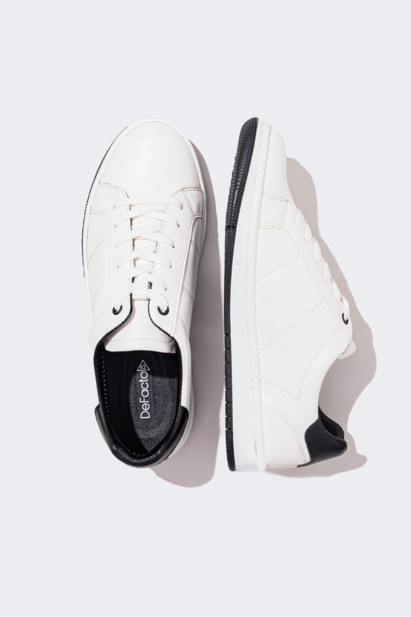 MAN White Man Faux Leather Flat Sole Sneakers