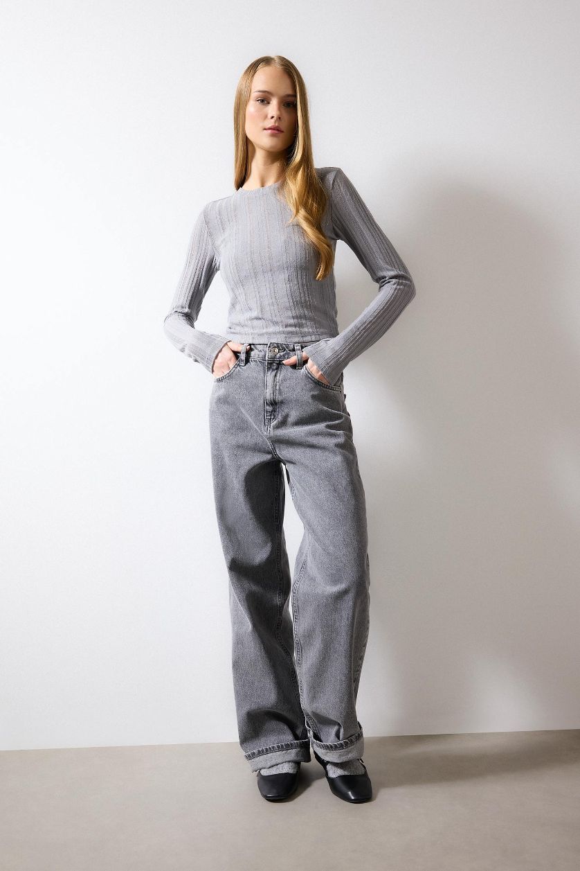 Kadın Gri Fitted Bisiklet Yaka Basic Düz Uzun Kollu Tişört