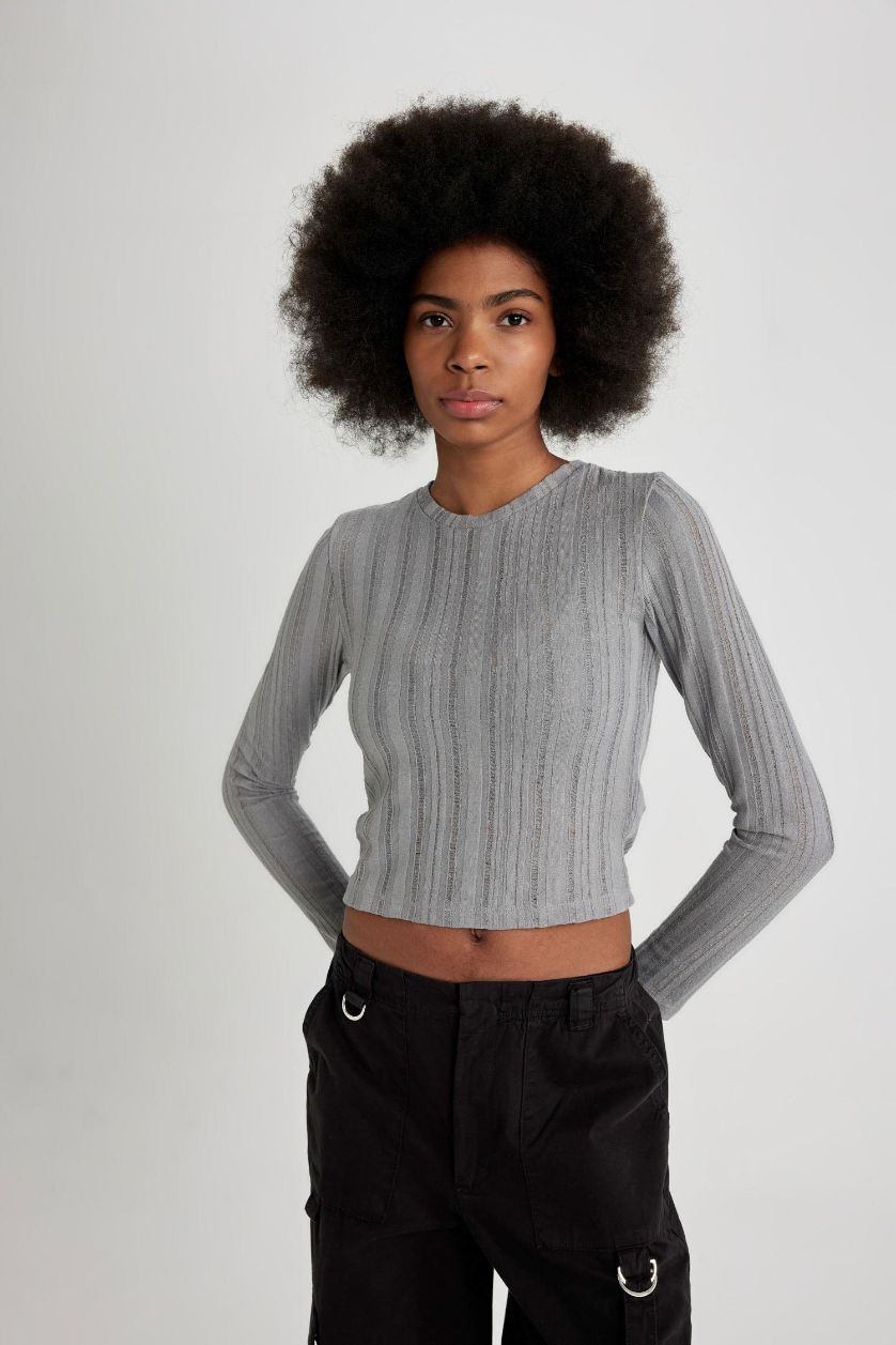 Kadın Gri Fitted Bisiklet Yaka Basic Düz Uzun Kollu Tişört