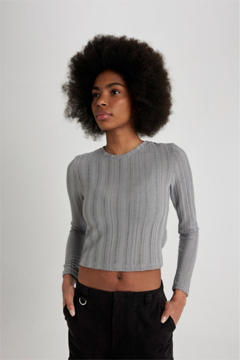 Kadın Gri Fitted Bisiklet Yaka Basic Düz Uzun Kollu Tişört