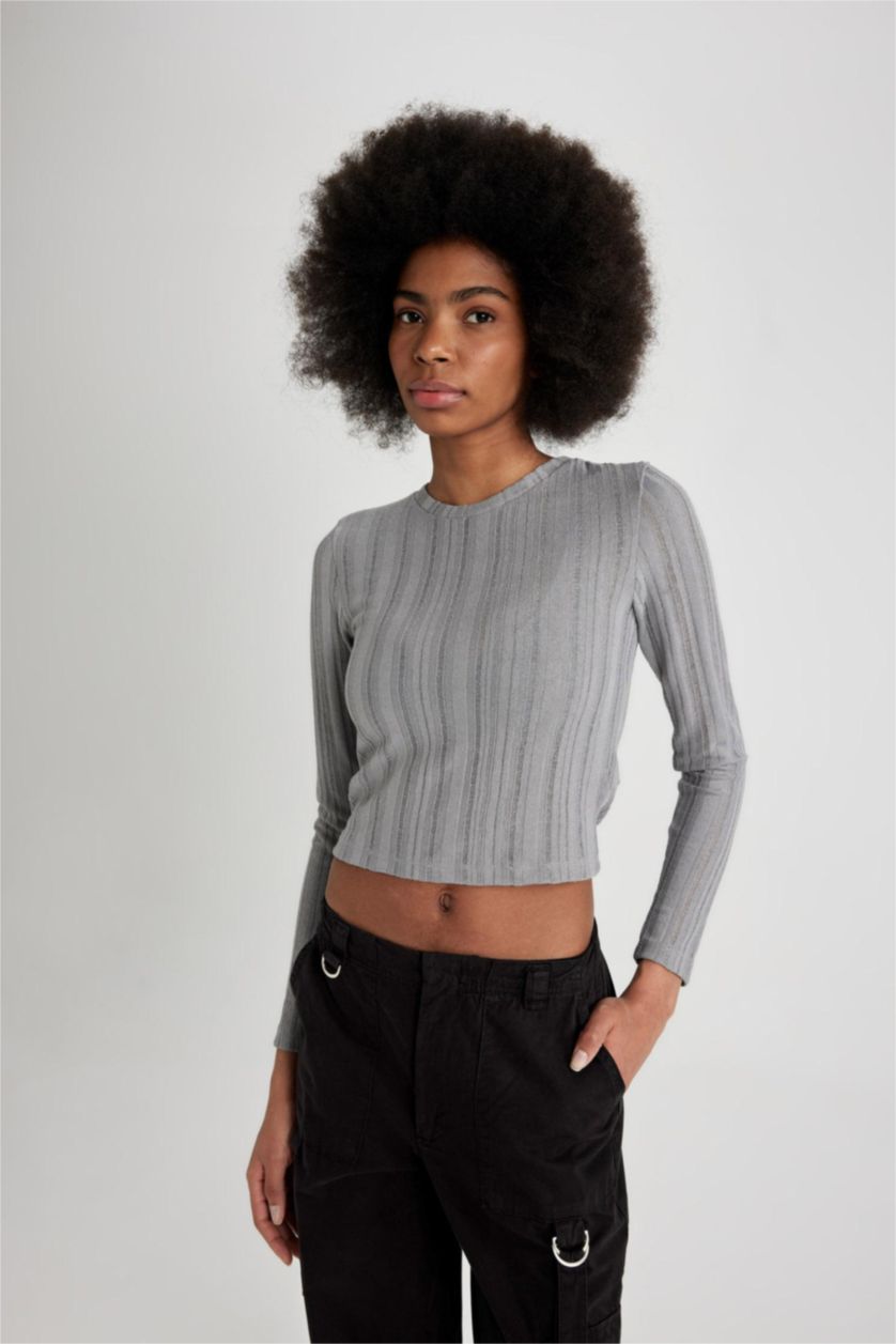 Kadın Gri Fitted Bisiklet Yaka Basic Düz Uzun Kollu Tişört