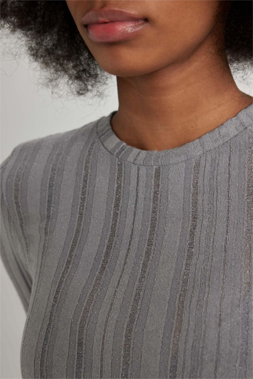 Kadın Gri Fitted Bisiklet Yaka Basic Düz Uzun Kollu Tişört