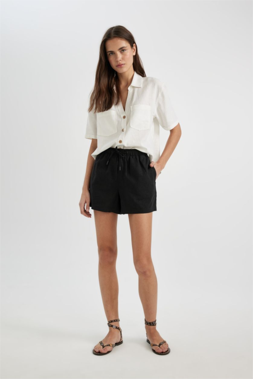 WOMAN Black Relax Fit Linen Blended High Waist Short Leg Shorts