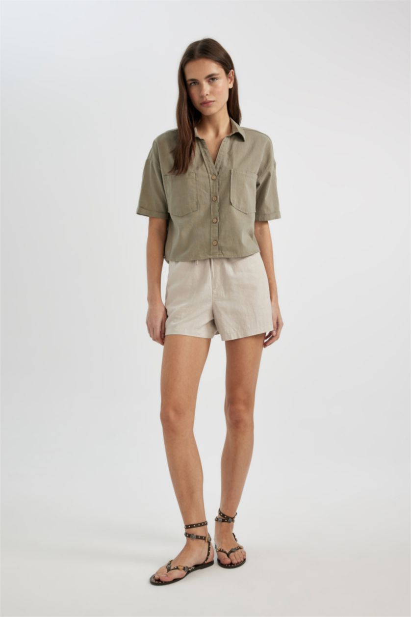 WOMAN Stone Relax Fit Linen Blended High Waist Short Leg Shorts